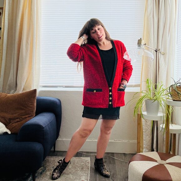 Vintage 90s Cathy Daniels Red Black Attached Cardigan Sweater | Size Large - Picture 12 of 13